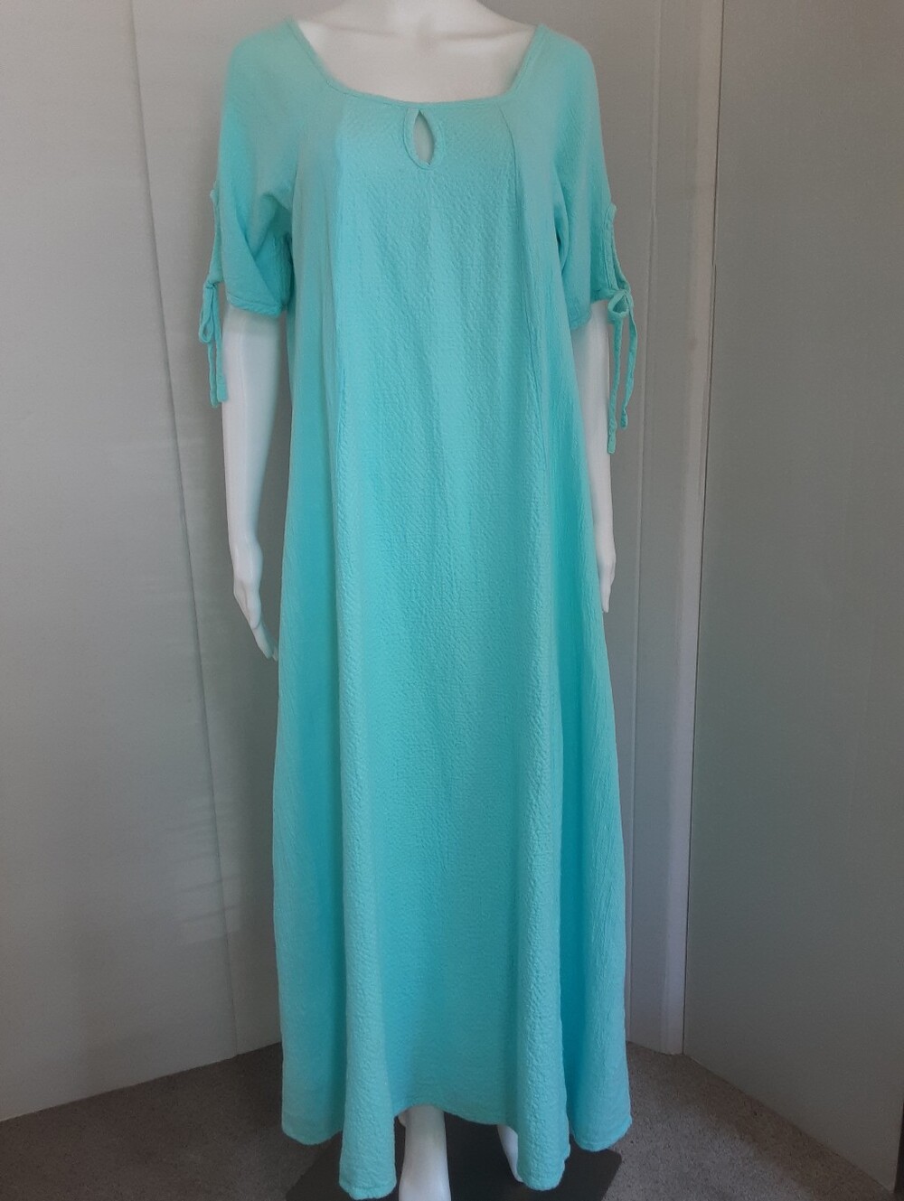 DUNES 100% Cotton Gauze Aqua Scoop Neck Maxi Dress | Tie Sleeve Details Sz M